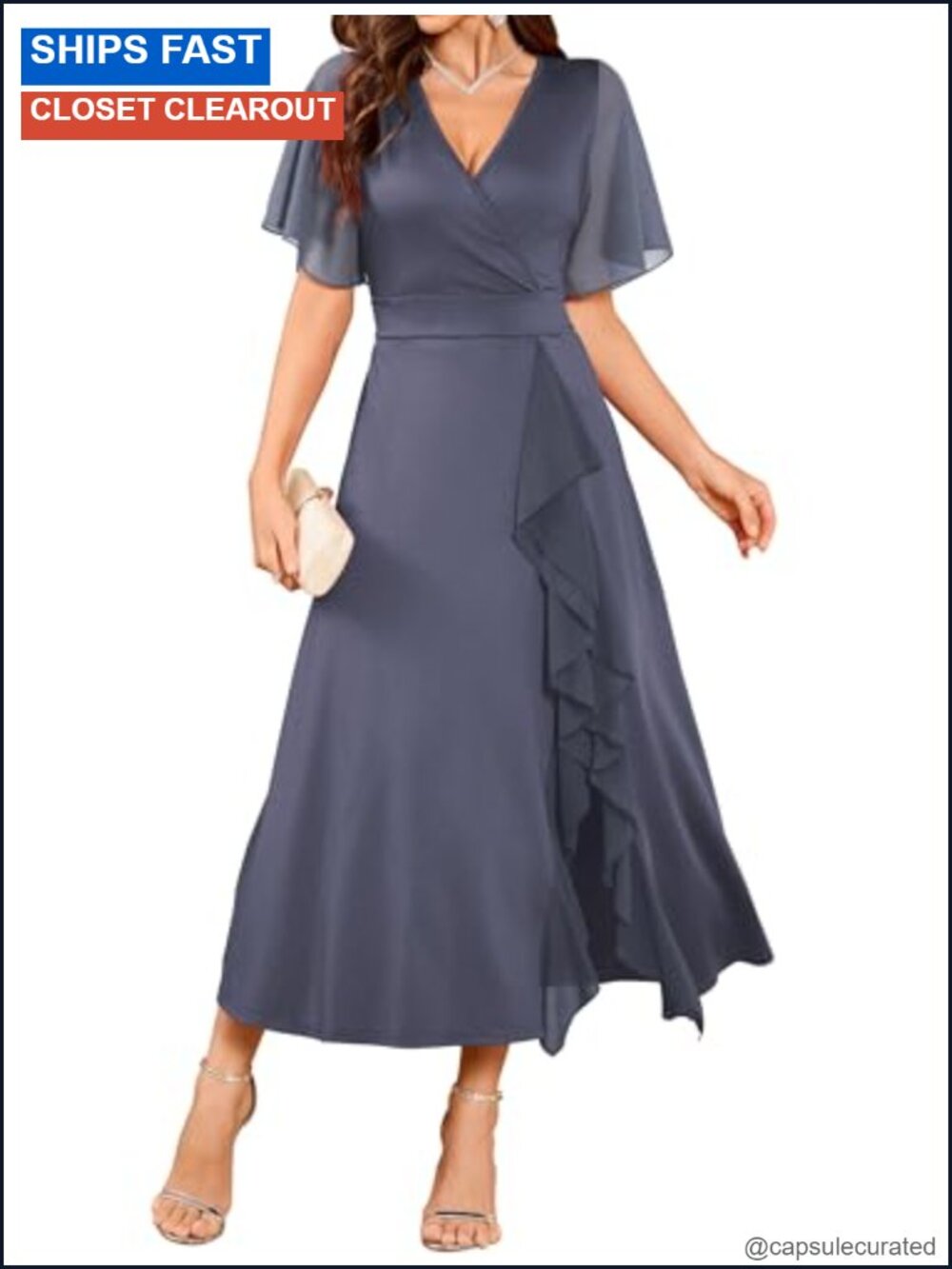Semi Formal A-Line Dress V-Neck Flutter Sleeve Wedding Guest
